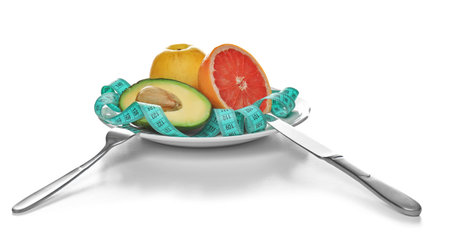 Plate with different tasty fruits and measuring tape on white background. healthy diet