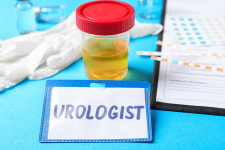 Urine sample and card with word UROLOGIST on tableの写真素材