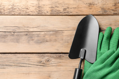 Trowel and gloves on wooden background, top view. professional gardening toolsの写真素材