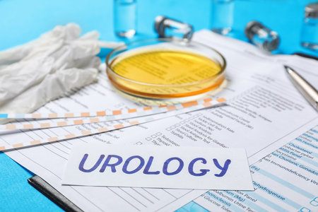 Composition with word "Urology" and test forms on color backgroundの写真素材