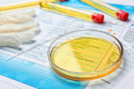 Glass dish with urine sample and test forms on table. Urology conceptの写真素材