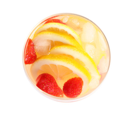 Natural lemonade with strawberries in glass on white background, top viewの写真素材
