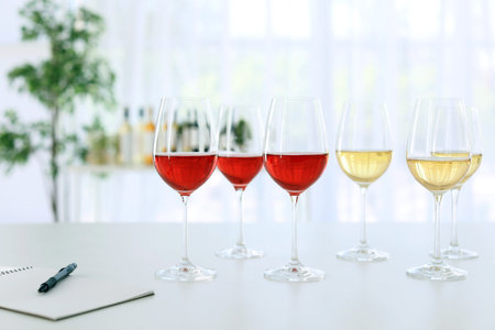 Glasses with delicious wine on table indoorsの写真素材