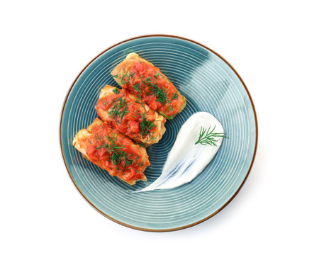 Plate with delicious cabbage rolls on white background, top viewの写真素材