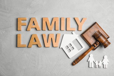 Flat lay composition with words FAMILY LAW on gray backgroundの写真素材