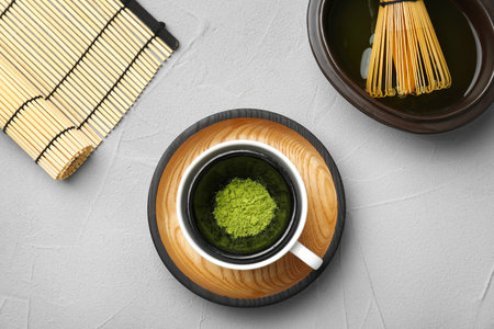 Flat lay composition with matcha tea on tableの写真素材