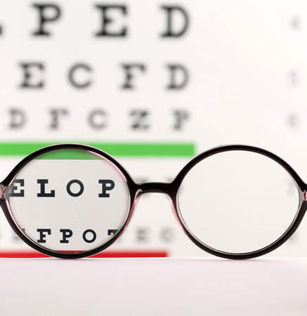 Glasses on table against eye chart, view through lensesの写真素材