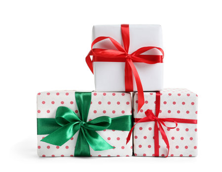 Beautifully wrapped gift boxes on white backgroundの写真素材