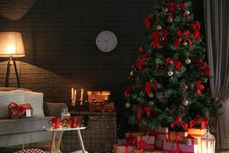 Stylish room interior with decorated Christmas treeの写真素材