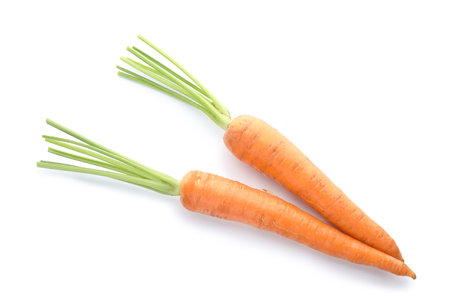 Ripe fresh carrots on white backgroundの写真素材