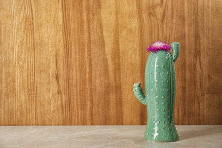 Trendy cactus shaped ceramic vase with flower on table against wooden backgroundの写真素材
