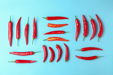 Flat lay composition with chili peppers on color backgroundの写真素材