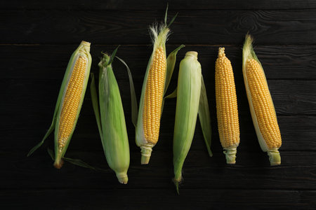 Tasty sweet corn cobs on wooden table, top viewの写真素材