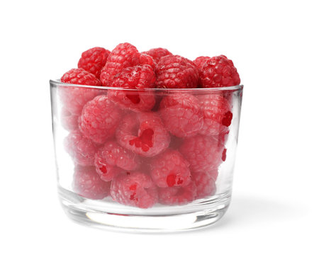 Bowl with ripe raspberries on white backgroundの写真素材