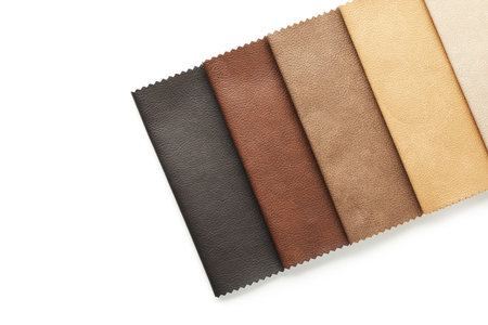 Leather samples of different colors for interior design on white backgroundの写真素材