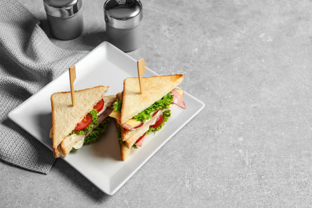 Tasty toast sandwiches on plate. Wheatbreadの写真素材