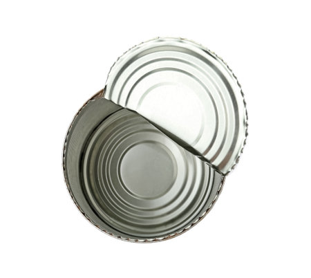 Empty aluminum can on white background, top view. metal waste recycling