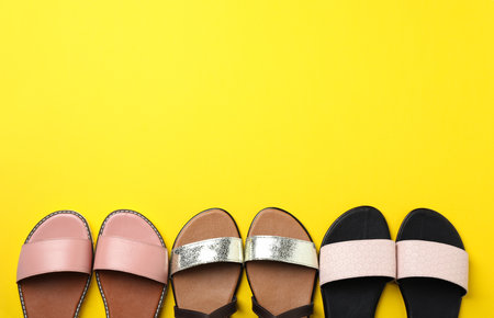 New trendy women's shoes on color background, top viewの写真素材