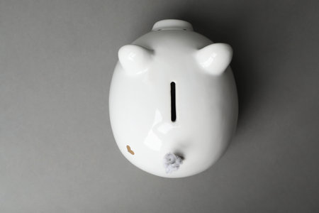 Cute white piggy bank on gray background, top viewの写真素材