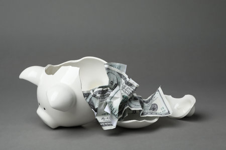 Broken piggy bank with banknotes on gray backgroundの写真素材
