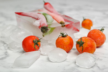 Frozen vegetables and ice cubes on marble tableの写真素材