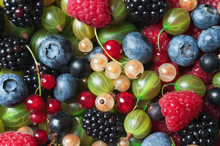 Raspberries and mix of different berries as backgroundの写真素材