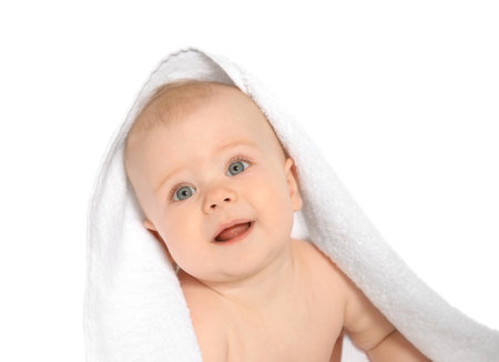Cute little baby with soft towel on white backgroundの写真素材