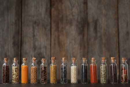 Bottles with different spices on table against blurred backgroundの写真素材