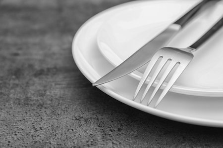 Empty dishware and cutlery on gray background, close up view. Table settings