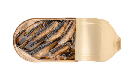 Tin can with canned fish on white background, top viewの写真素材