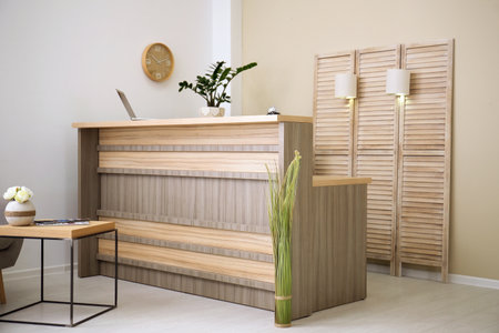 Receptionist desk in hotel. Workplace interiorの写真素材