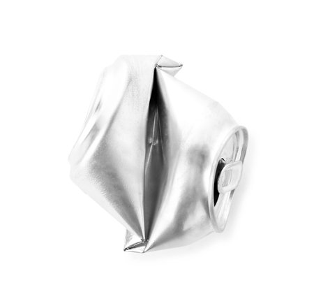 Crumpled aluminum can on white background, top view. metal waste recycling