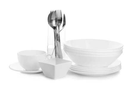Different clean tableware on white backgroundの写真素材