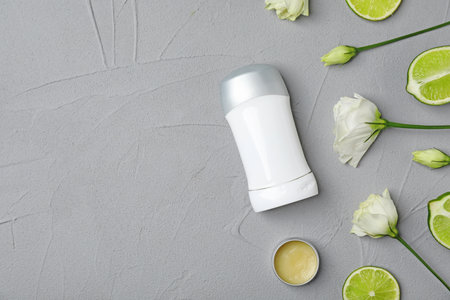 Flat lay composition with deodorant on light backgroundの写真素材