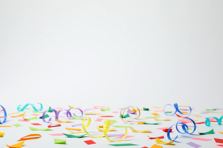 Colorful confetti and streamers on white backgroundの写真素材