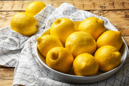 Plate with whole lemons on wooden backgroundの写真素材
