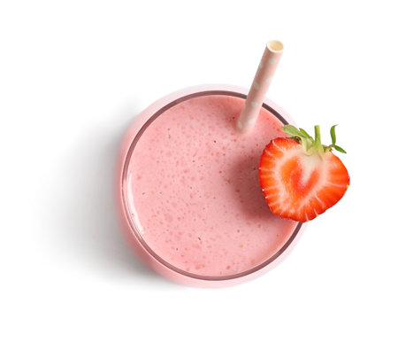 Glass with tasty strawberry smoothie on white backgroundの写真素材