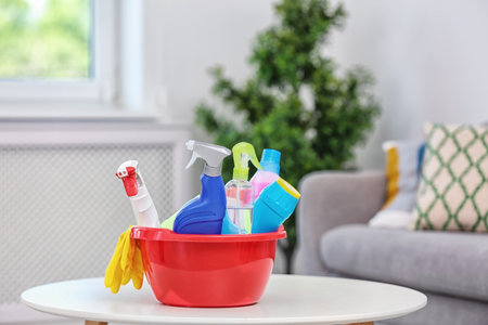 Basin with cleaning supplies on table indoorsの写真素材