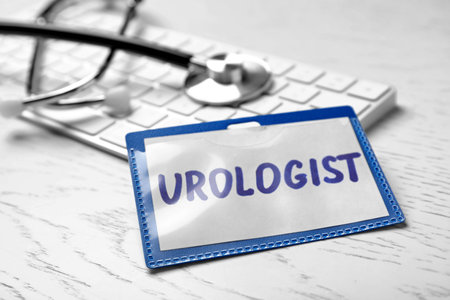 Badge with inscription UROLOGIST on table, closeupの写真素材