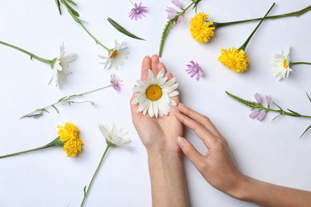 Woman with wild flowers on white background, top viewの写真素材