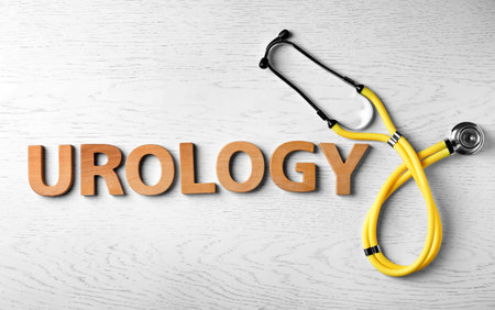 Word "UROLOGY" made with letters and stethoscope on wooden background, top viewの写真素材