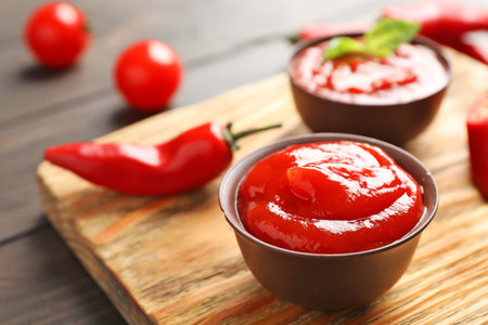 Bowl with spicy chili sauce on wooden table