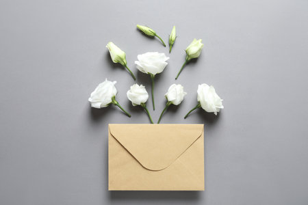 Beautiful Eustoma flowers and envelope on gray backgroundの写真素材
