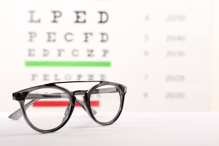 Glasses with corrective lenses on table against eye chartの写真素材