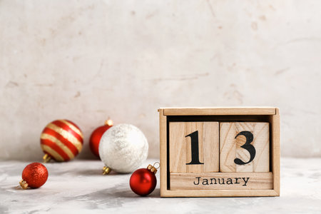Wooden block calendar and decor on table. christmas count downの写真素材