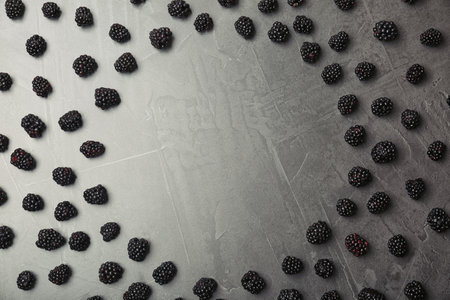 Flat lay composition with fresh blackberry and space for text on gray backgroundの写真素材