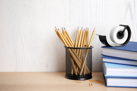 Different stationery on wooden table. back to schoolの写真素材