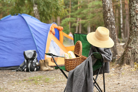 Set of camping equipment outdoors on summer dayの写真素材