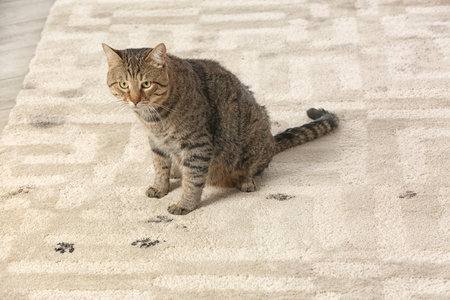 Cute cat leaving muddy paw prints on carpetの写真素材
