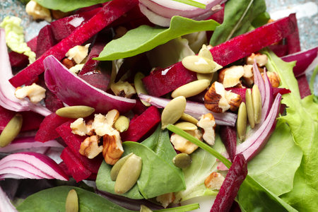 Delicious salad with beet as background, closeupの写真素材